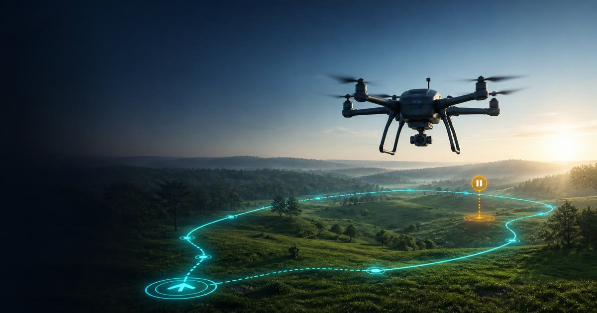 Editorial illustration of an autonomous survey drone following an evidence-checked route over natural terrain