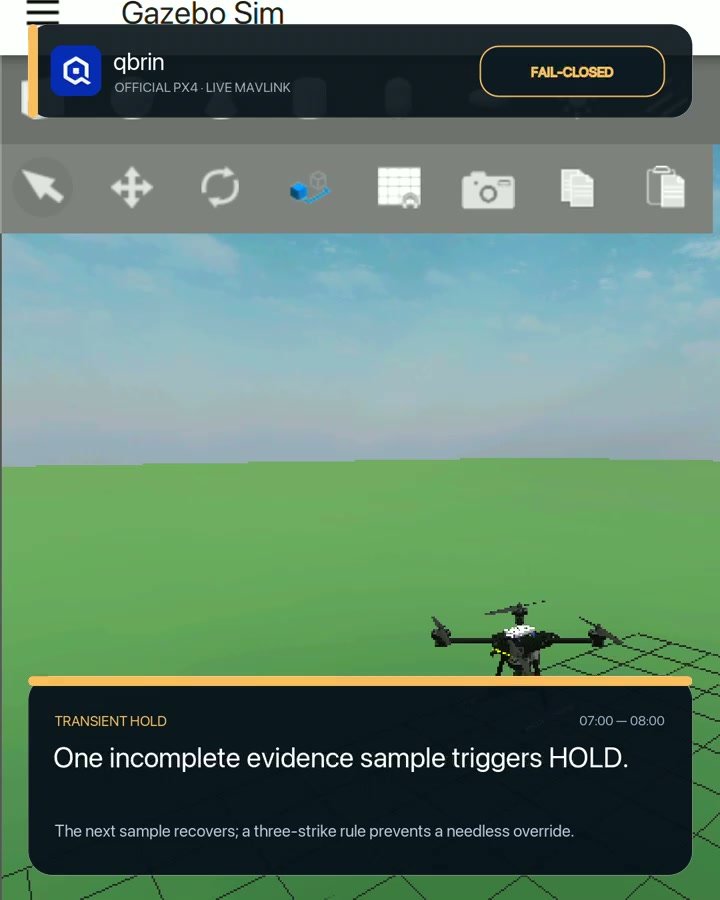 Recorded PX4 and Gazebo mission frame showing qbrin HOLD while an evidence sample is incomplete