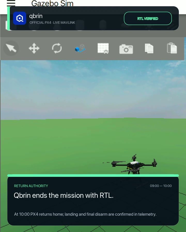 Recorded PX4 and Gazebo mission frame showing the autonomous survey drone returning home