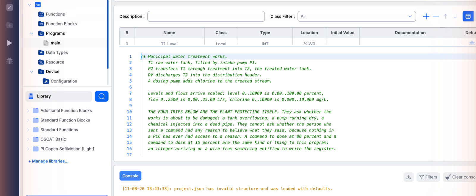The OpenPLC Editor showing the water treatment program: a variable table mapping T1_Level to Modbus address %IW0, and the Structured Text source describing the plant's four hardwired trips