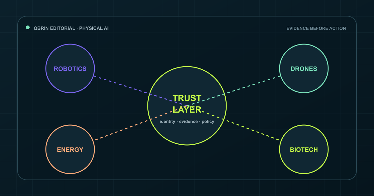Radial diagram linking a central trust layer to robotics, drones, energy and biotech sectors